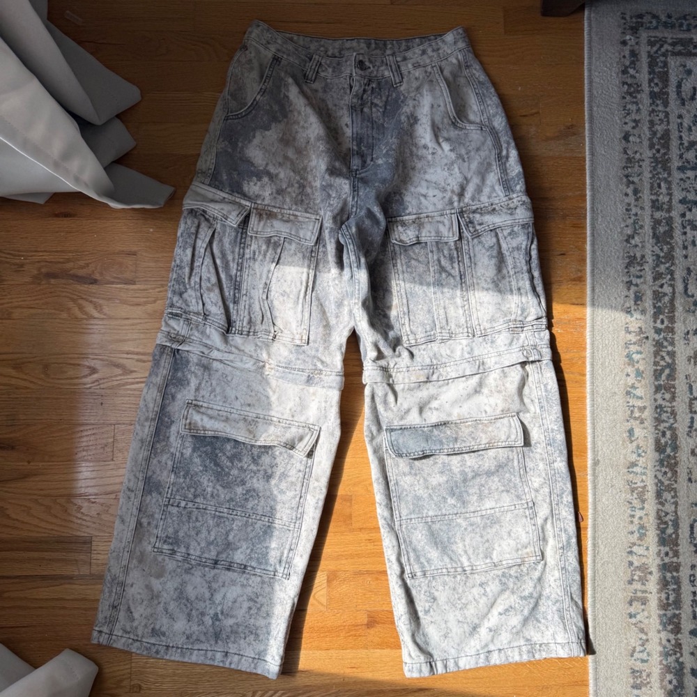Zara Men 32 Abstract Print Convertible Cargo Pants Zip Off Jorts Y2K Baggy Grey